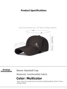 Detailed chart showing long-brim baseball cap dimensions including 9.5cm brim length