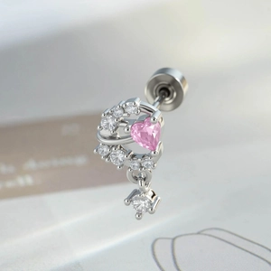 Exquisite moon and heart zircon ear stud with pink center stone in silver finish
