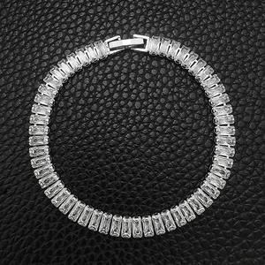 Y2K vintage rectangular zircon tennis bracelet in silver finish on black leather surface