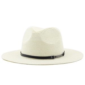 Detail of classic off-white woven straw fedora with black decorative band and metal buckle