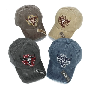 Detail of four washed cotton baseball caps with Texas longhorn embroidery and vintage patches