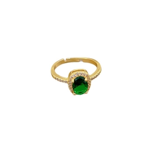 Adjustable gold plated ring featuring a green sapphire oval stone and micro pavé accents