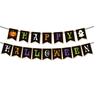 Detail of Happy Halloween banner with colorful letters, pumpkin and ghost icons