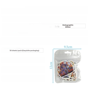 Detailed holographic Halloween sticker specifications showing size and vinyl material quality