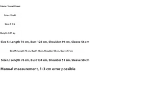 Size chart for the khaki lapel utility trench coat with detailed garment measurements