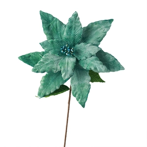 Deep green velvet artificial poinsettia flower with blue glitter center and stem decoration