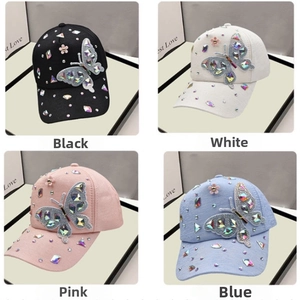 Macro detail of butterfly baseball caps with colorful rhinestone crystals in four colors