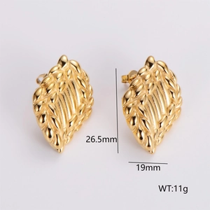 Detailed view of 18k gold-plated feather earrings with texture and dimensions