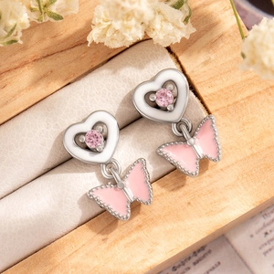 Silver stainless steel heart earrings with pink gems and enamel butterfly charms