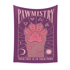 Bohemian purple tapestry featuring pawmistry cat paw design and astrology symbols
