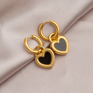 Double-sided heart mother-of-pearl titanium earrings in 18K gold finish with shell inlay