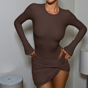 Slim fit dark brown long sleeve bodysuit with cross draped mini skirt two-piece set