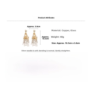 Detail view of crystal tassel earrings showing copper glass materials and size dimensions
