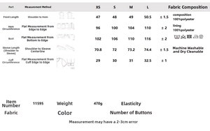 Detailed size chart for short trench coat with measurements for XS to L and care labels