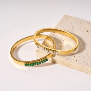 Gold-plated stainless steel bangles with white zircon and emerald-green gems