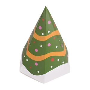 Christmas tree shaped green paper gift box with festive patterns on white background