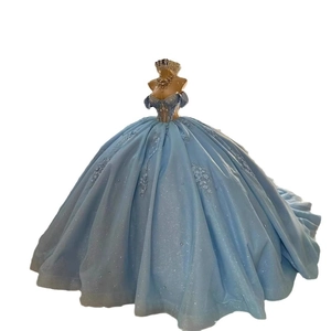 Light blue off-shoulder wedding gown with glitter skirt and floral lace embroidery
