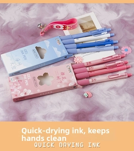 Close-up of 0.5mm retractable gel ink pens in aesthetic themed packaging sets
