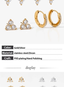 Detailed specs for stainless steel zircon clover earrings in gold and silver finishes