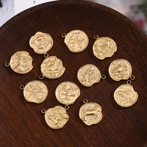 Vintage 14K gold plated zodiac coin pendants set in embossed stainless steel