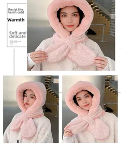 Close-up of pink crystal velvet hooded scarf with a cross-buckle design for winter warmth