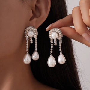 Alloy Imitation Artificial Pearl Rhinestone Dangle Earrings With 925 Sterling Silver Earring Post Teardrop Geometric Retro For Women