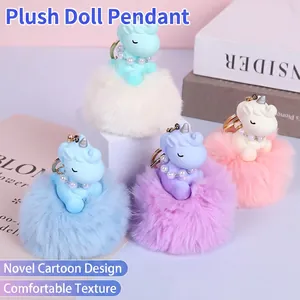Unicorn Keychain With Faux Fur Pom Pom Resin Figure And Artificial Pearl Necklace Cute Cartoon Backpack Hanging Charm