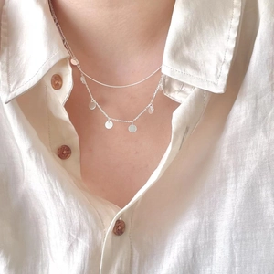 Double-layered 925 sterling silver necklace with sleek snake chain and round sequins