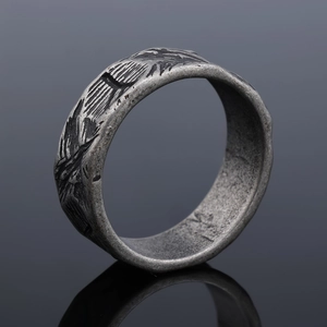 Vintage Viking rune stainless steel ring with rustic leaf textures and oxidized finish