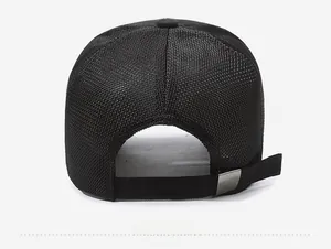 Rear view of black breathable mesh baseball cap with adjustable strap and metal buckle