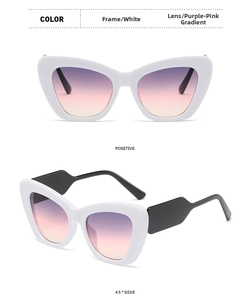 Macro shot of white cat-eye sunglasses featuring black wide temples and purple gradient lenses