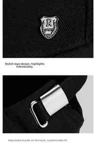 Detail of adjustable metal buckle and R Sport metal badge on black cotton baseball cap