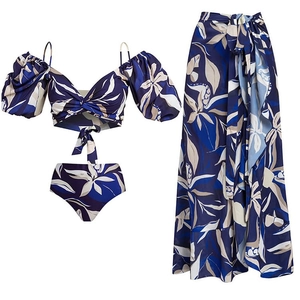 Three-piece botanical print bikini set with off-shoulder top and matching long wrap skirt