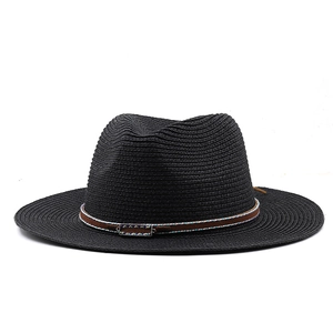 Classic black wide brim straw fedora with brown beaded band and vintage metal buckle