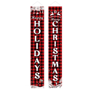 Christmas Buffalo Plaid Porch Banners set with Merry Christmas and Happy Holidays greeting