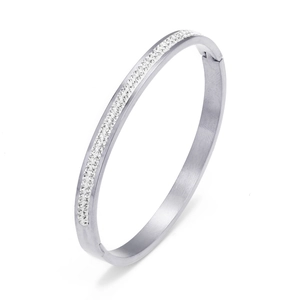 Silver stainless steel 6mm open bangle with double rows of cubic zirconia stones