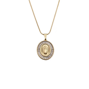 Gold-plated copper necklace featuring an oval pendant with religious relief and zircons