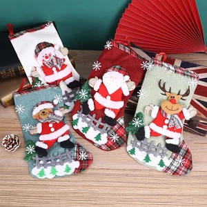 Set of 4 large Christmas stockings with 3D Santa, Snowman, Reindeer, and Bear on wood