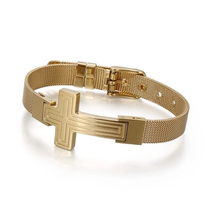 Men's golden stainless steel cross bracelet with adjustable mesh watch band style