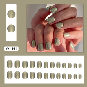 Short square vintage aurora green pearl finish press-on nails 24pcs set model W1464