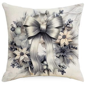 Detailed knit texture of linen pillowcase with silver bow and winter floral wreath