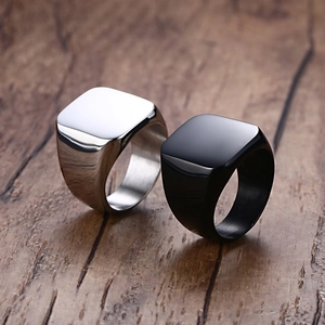 Minimalist square signet rings for men in silver and black polished stainless steel