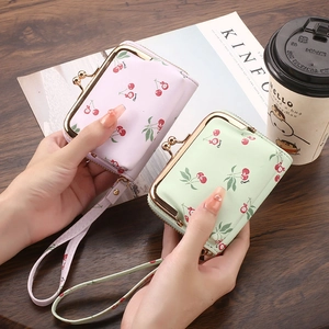 Women PU Leather Cherry Print Card Holder Coin Purse Accordion Style Multi Slots With Wristlet Kiss Lock Clasp