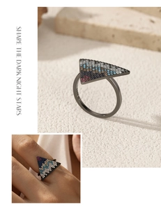 Macro detail of S925 sterling silver triangle ring with colorful pavé crystals on hand