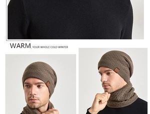 Detail of warm winter knit beanie and neck gaiter set with thick fleece lining