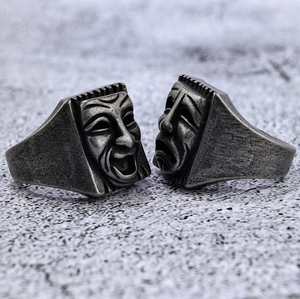 Vintage punk theatre mask ring in antique silver with comedy and tragedy facial expressions