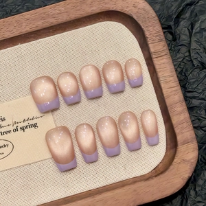 Champagne Gold Cat Eye Handmade Press On Nails Lavender French Tips Reusable Fake Nails Coffin Square Long Short