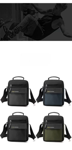 Mens nylon crossbody bag detail showing four colors in grey, blue, black, and green