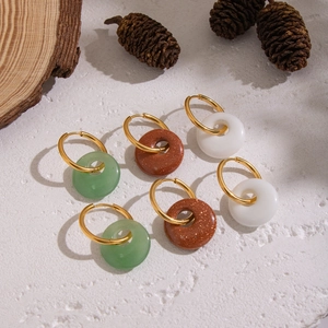 Minimalist stainless steel hoop earrings with colorful natural stone donut charms