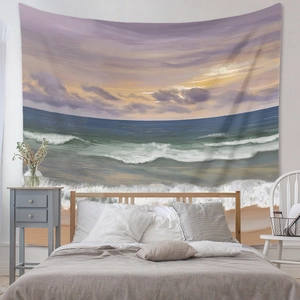 Detail of artistic sunset ocean wave tapestry displayed over a minimalist bedroom headboard
